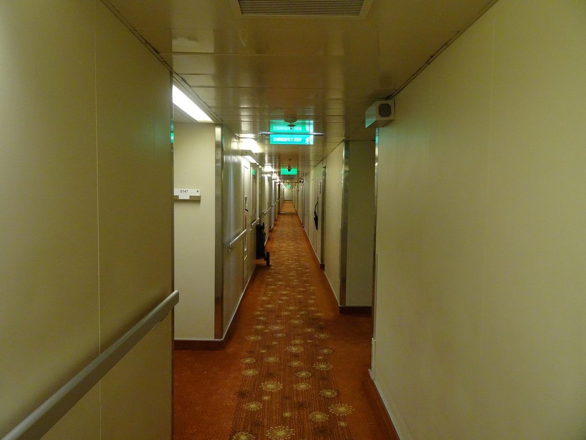 Couloir long avec moquette tachetée, portes, éclairage et signalisation verte Couloir long avec moquette tachetée, portes, éclairage et signalisation verte
